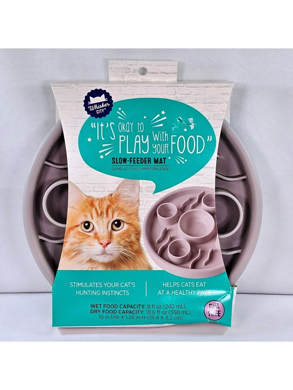 Whisker City Cat Slow Feeder Mat Grey Silicone Puzzle Bowl BPA Free 10 inch DIA